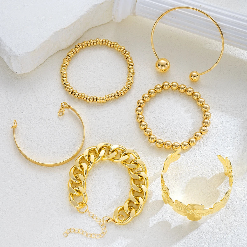 6pcs Vintage Elegant Floral Design Metal Wide Bangle Set for Women Fashion Exaggerated Beaded Open Cuff Bracelet Daily Jewelry