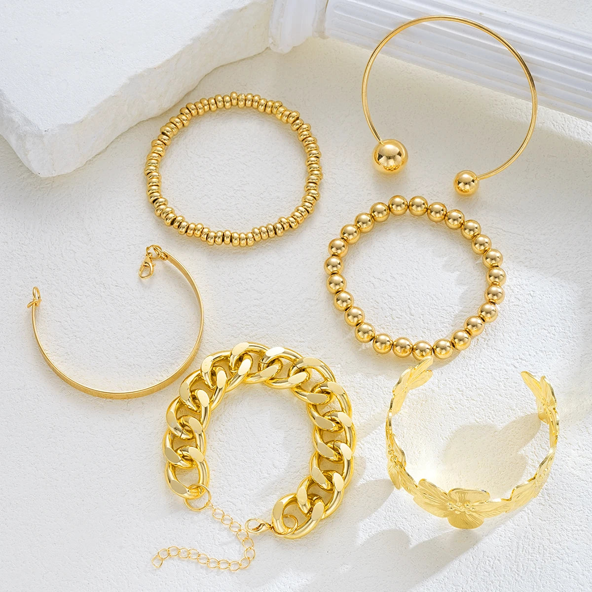 6pcs Vintage Elegant Floral Design Metal Wide Bangle Set for Women Fashion Exaggerated Beaded Open Cuff Bracelet Daily Jewelry