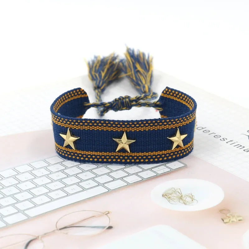 Bohemia Personality Handmade Woven Tassel Bracelet For Women Alloy Gold Color Star Rivet Wrist Starp Bracelet Fashion Jewelry