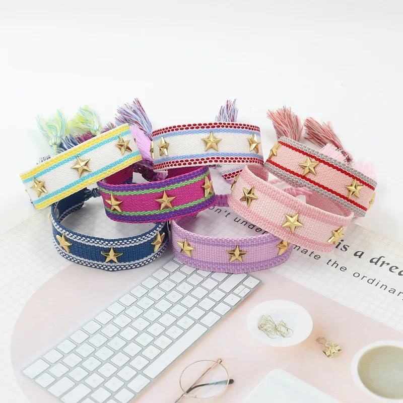 Bohemia Personality Handmade Woven Tassel Bracelet For Women Alloy Gold Color Star Rivet Wrist Starp Bracelet Fashion Jewelry