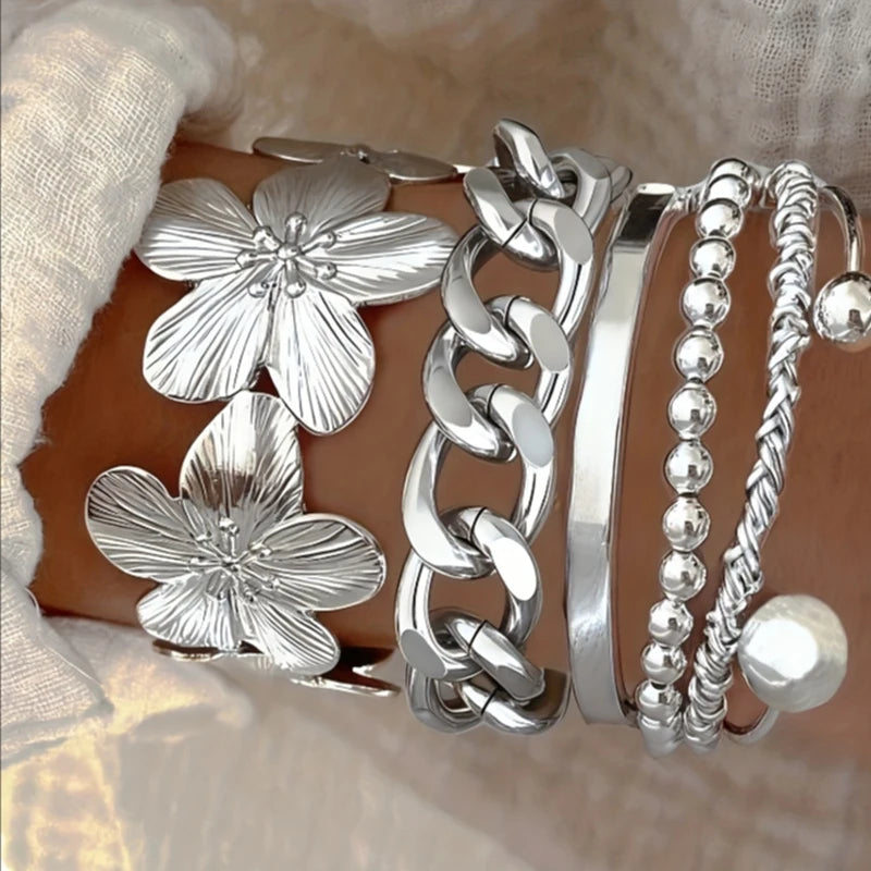 6pcs Vintage Elegant Floral Design Metal Wide Bangle Set for Women Fashion Exaggerated Beaded Open Cuff Bracelet Daily Jewelry
