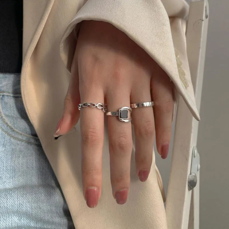 925 Sterling Silver Rings For Women New Black Stone Stackable Adjustable Ring Engagement Birthday Party Jewelry Gift
