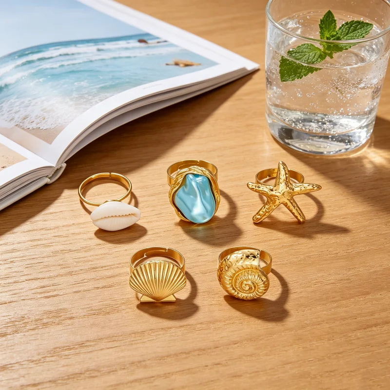 Summer Bohemian Star Shell Nautilus Ring Set Women's Layered Fashion Personality Combination Finger Ring Hand Accessory Gift