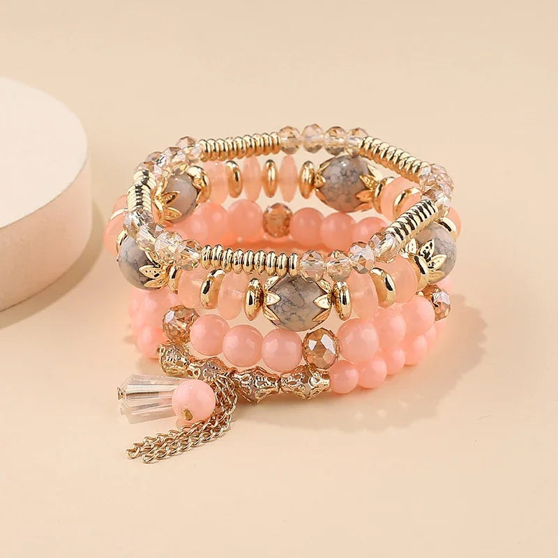 4Pcs Bohemian Stackable Beaded Bracelets Set For Women Multilayered Glass Beads Stretch Chain Charm Bracelet Men Fashion Jewelry