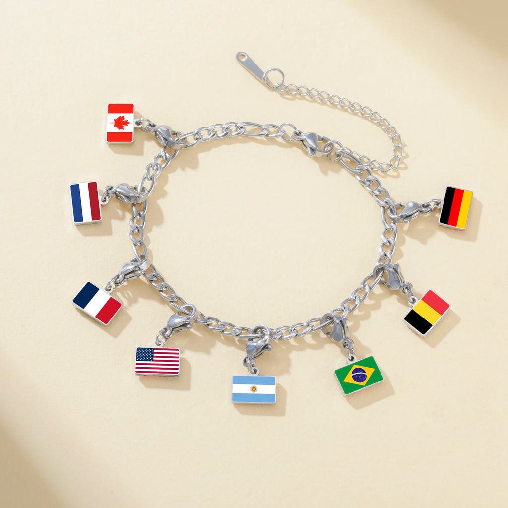 EUEAVAN 1pc Stainless Steel Country Flag Charm Bracelet with Figaro Chain Tiny Charms Hand Bracelet Travel Holiday Jewelry Gifts