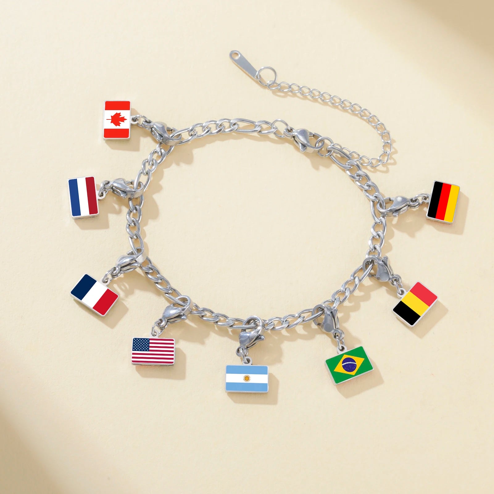EUEAVAN 1pc Stainless Steel Country Flag Charm Bracelet with Figaro Chain Tiny Charms Hand Bracelet Travel Holiday Jewelry Gifts