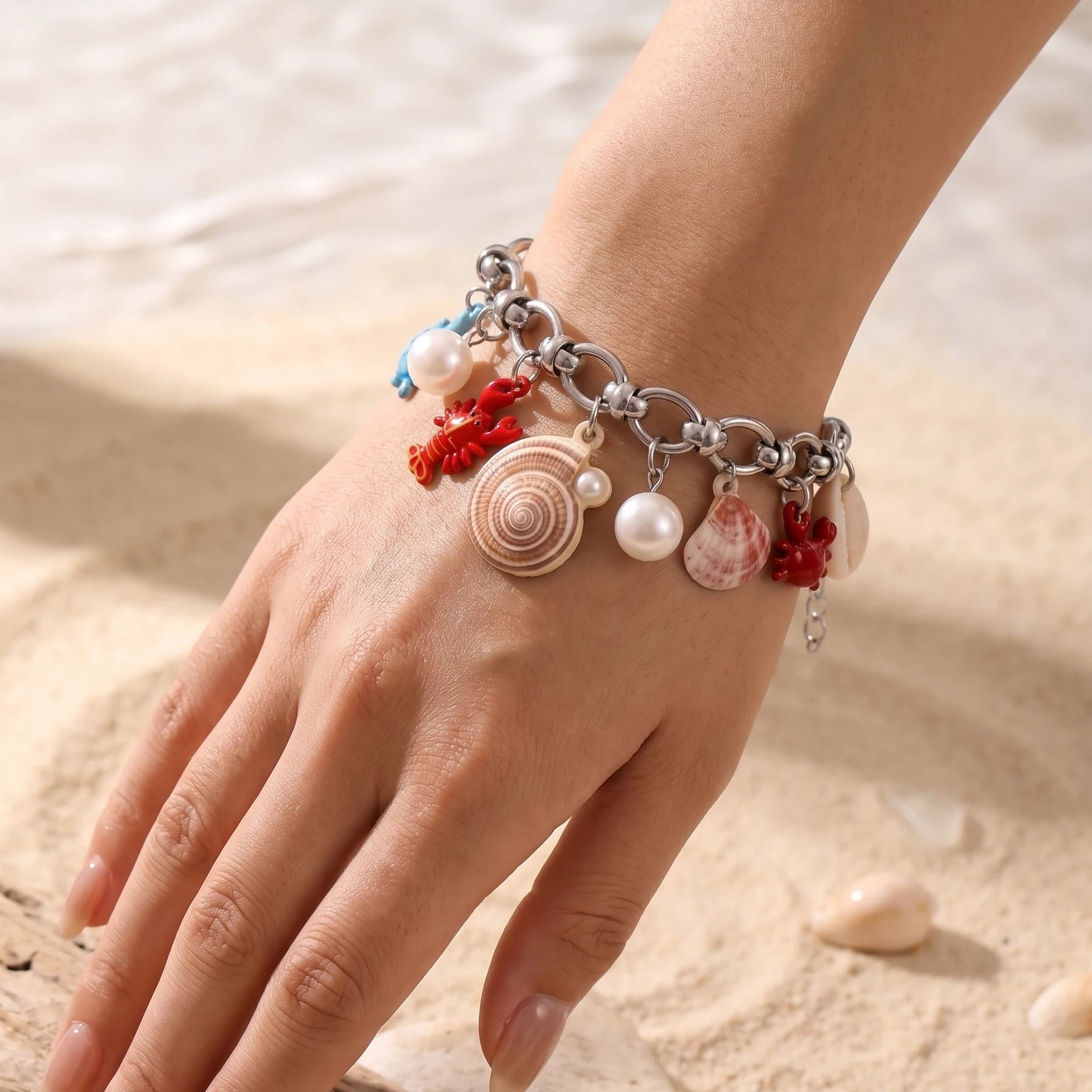 Beach Theme Bracelet for Women Multi Sea Animal Shell Pearl Charms Adjustable Extension Chain Stainless Steel Jewelry Gift