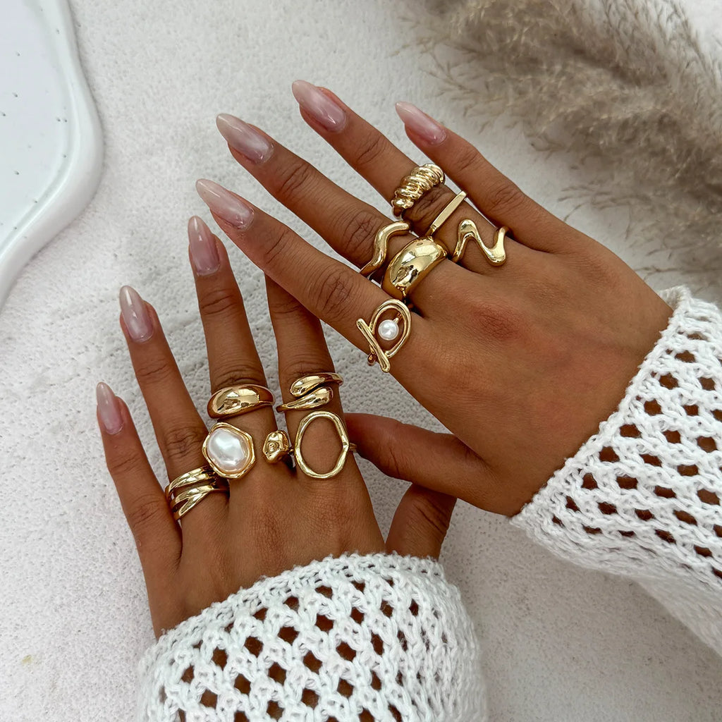 11Pcs/Set Fashion Gold Color Pearl Geometric Open Rings for Women Exaggerated Metal Irregular Adjustable Ring Set Jewelry Gifts
