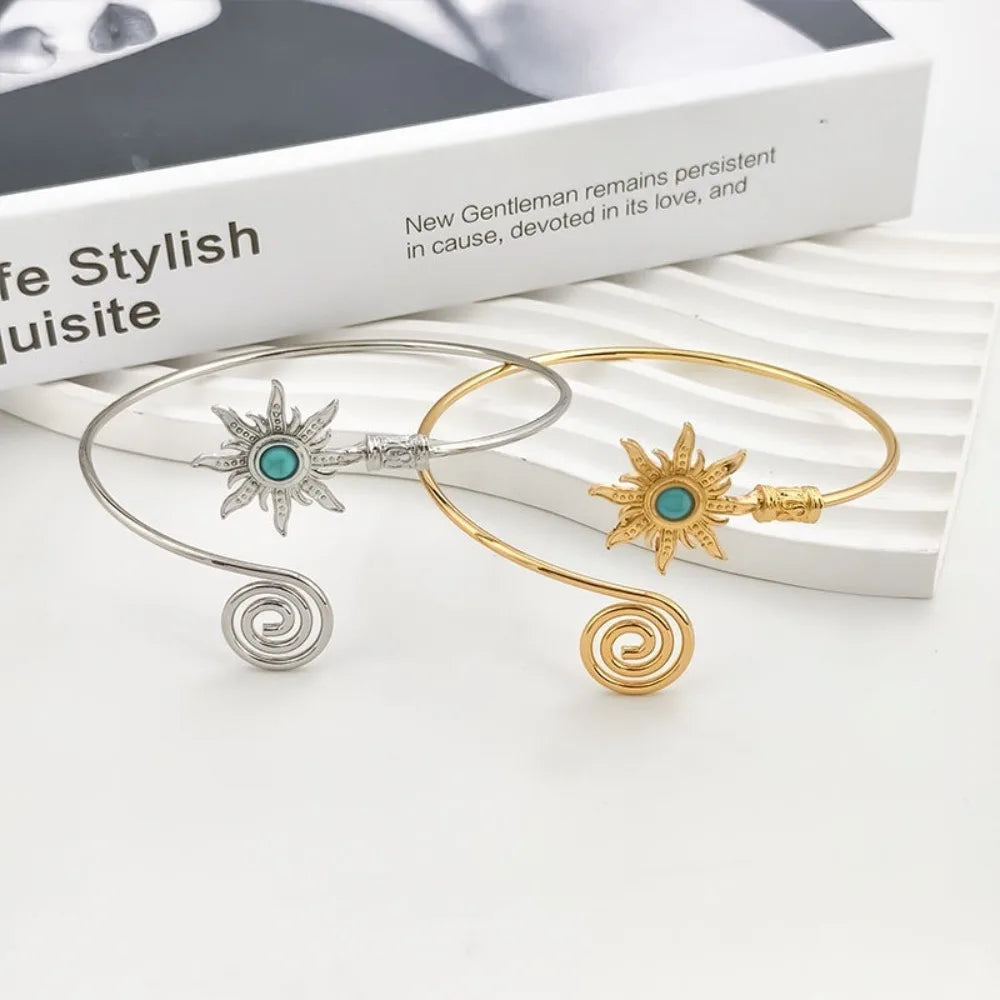 Simple Alloy Arm Cuff Sun Turquoise Cuff Bangle for Women Wrist Accessory Twist Line Wide Open Arm Cuff Women