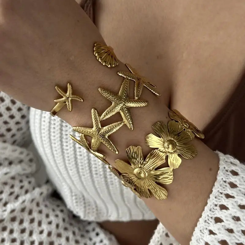 2025 Exaggerated Metal Shell Starfish Bracelet for Women Fashion Gold Color Stainless Steel Cuff Bangle Beach Party Jewelry