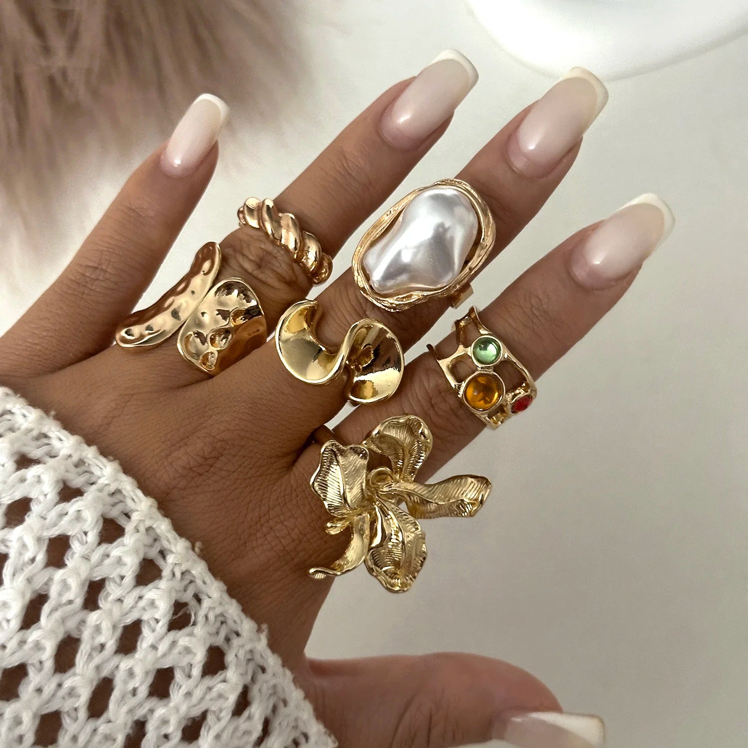 6-10Pcs/Set Beach Style Blue Flower Starfish Shell Knuckle Rings For Women Bohemia Vintage Gold Color Metal Finger Ring Jewelry