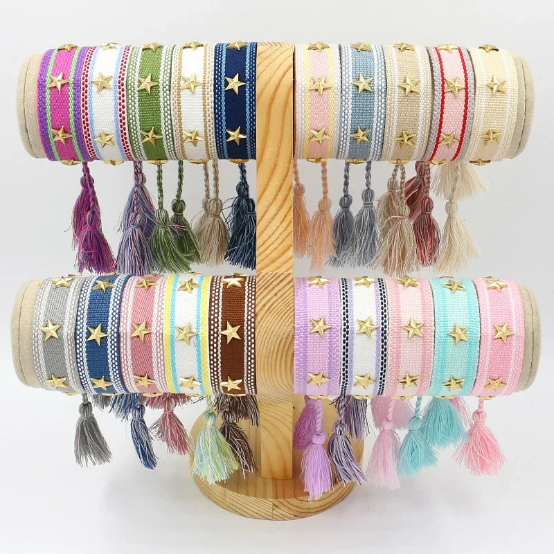 Bohemia Personality Handmade Woven Tassel Bracelet For Women Alloy Gold Color Star Rivet Wrist Starp Bracelet Fashion Jewelry