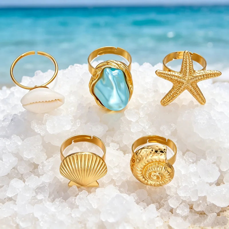 Summer Bohemian Star Shell Nautilus Ring Set Women's Layered Fashion Personality Combination Finger Ring Hand Accessory Gift