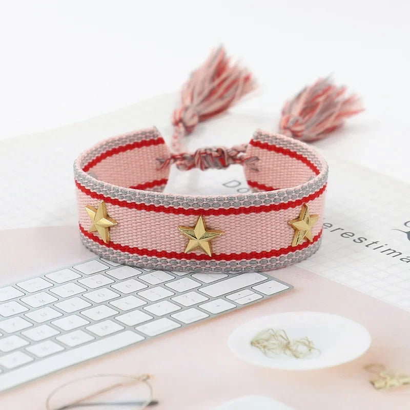 Bohemia Personality Handmade Woven Tassel Bracelet For Women Alloy Gold Color Star Rivet Wrist Starp Bracelet Fashion Jewelry