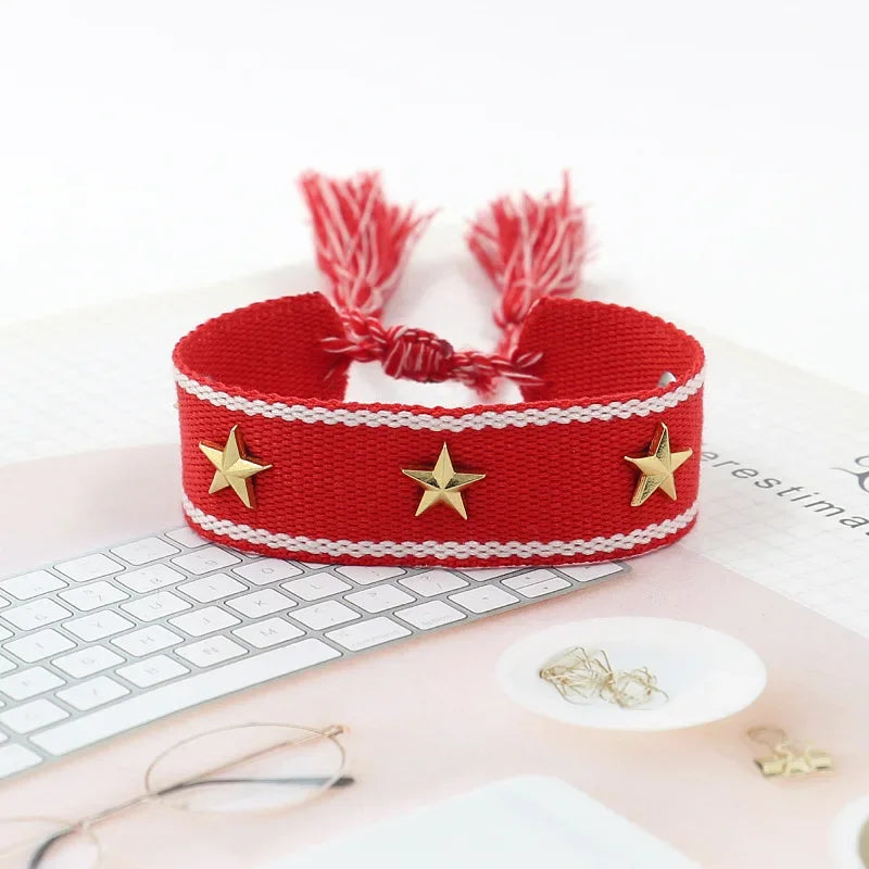 Bohemia Personality Handmade Woven Tassel Bracelet For Women Alloy Gold Color Star Rivet Wrist Starp Bracelet Fashion Jewelry