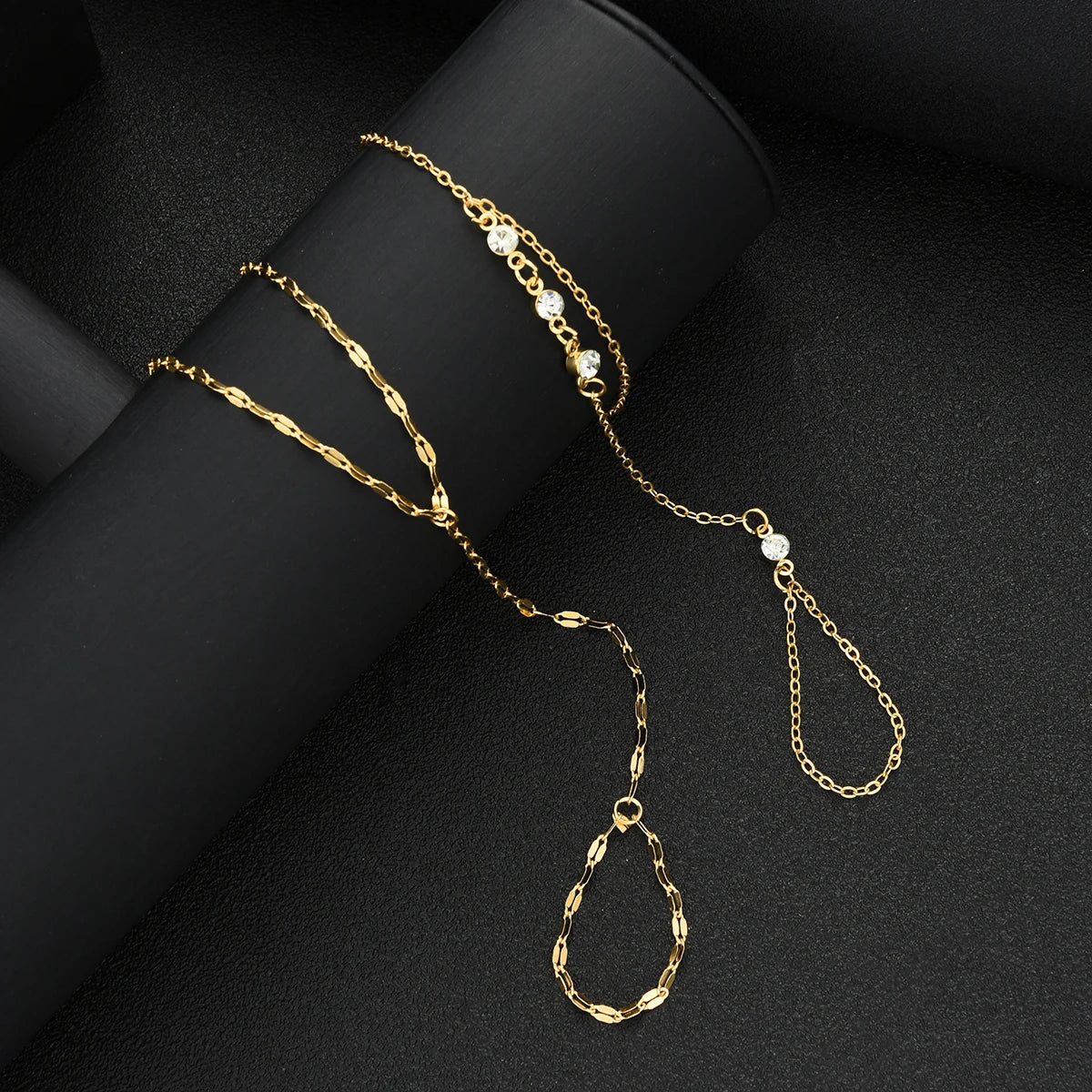 2pcs Gold Color Hand Chain Bracelets Set for Women Boho Vintage Geometric Zircon Ring Bracelet Daily Beach Party Jewelry Gift