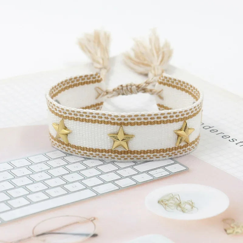 Bohemia Personality Handmade Woven Tassel Bracelet For Women Alloy Gold Color Star Rivet Wrist Starp Bracelet Fashion Jewelry