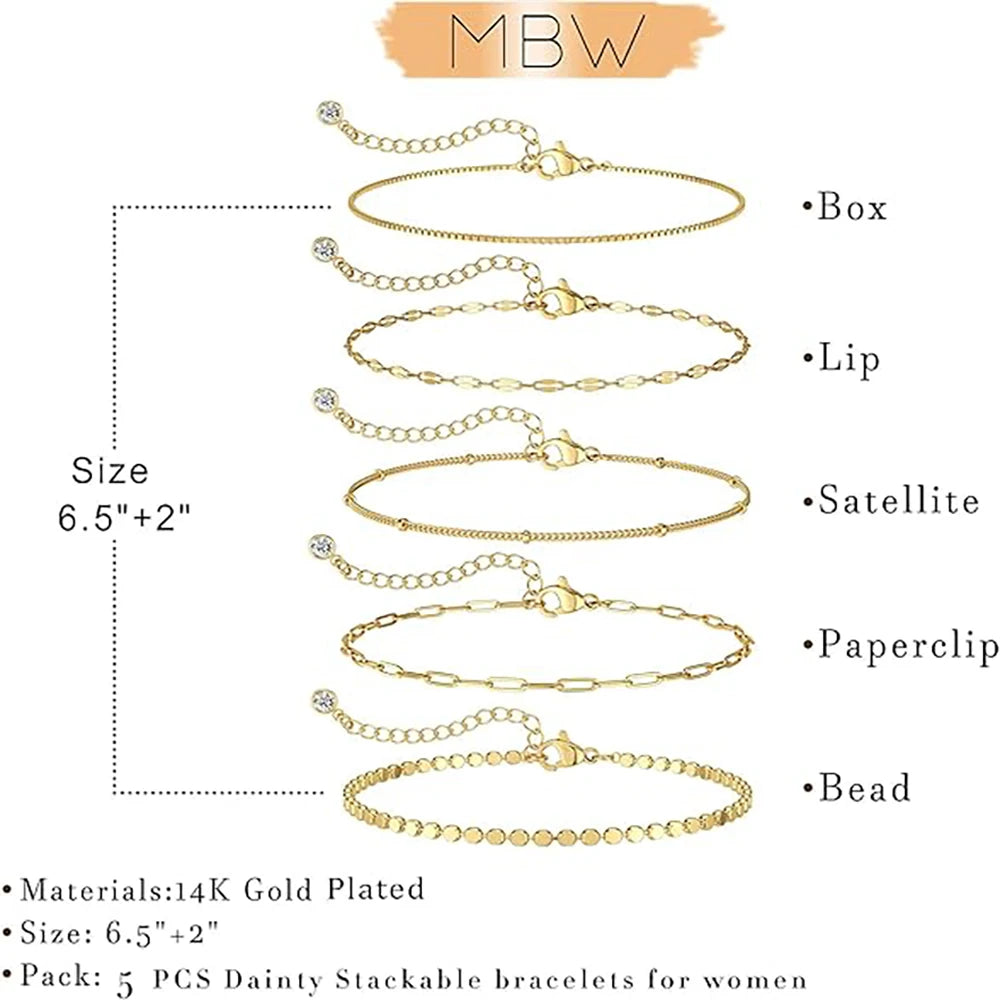 14K Gold Plated Bracelet Set for Women, Dainty Stackable Paperclip & Beaded Chains, Trendy & Waterproof Gift