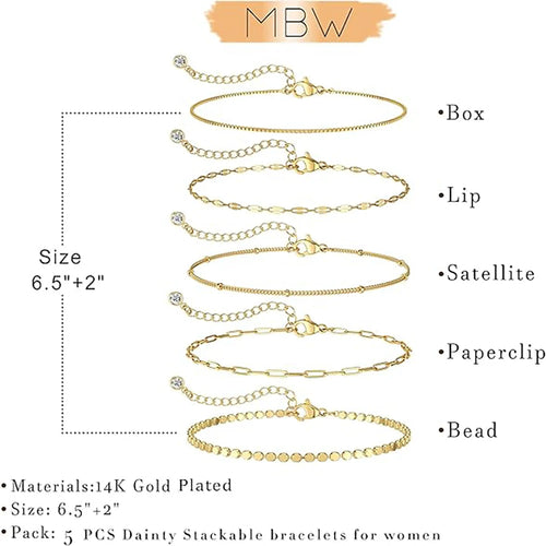 14K Gold Plated Bracelet Set for Women, Dainty Stackable Paperclip & Beaded Chains, Trendy & Waterproof Gift