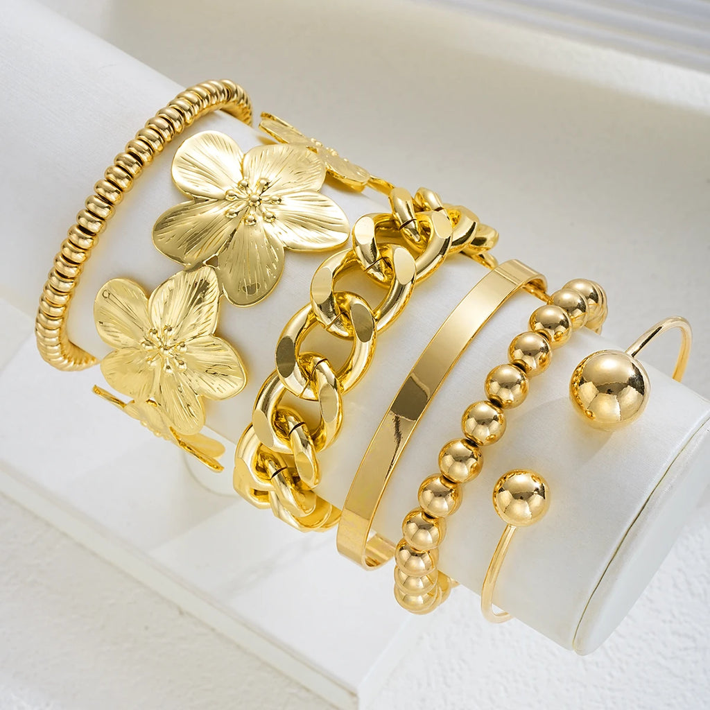 6pcs Vintage Elegant Floral Design Metal Wide Bangle Set for Women Fashion Exaggerated Beaded Open Cuff Bracelet Daily Jewelry