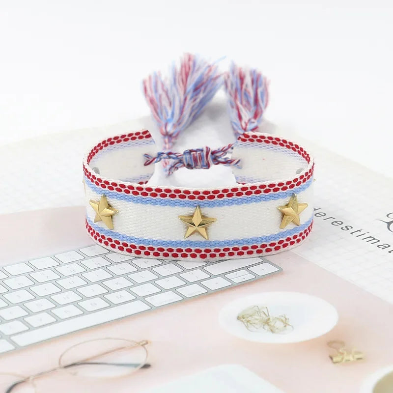 Bohemia Personality Handmade Woven Tassel Bracelet For Women Alloy Gold Color Star Rivet Wrist Starp Bracelet Fashion Jewelry