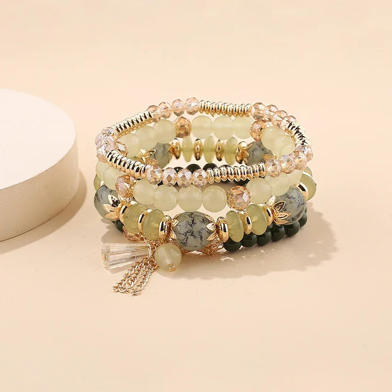 4Pcs Bohemian Stackable Beaded Bracelets Set For Women Multilayered Glass Beads Stretch Chain Charm Bracelet Men Fashion Jewelry