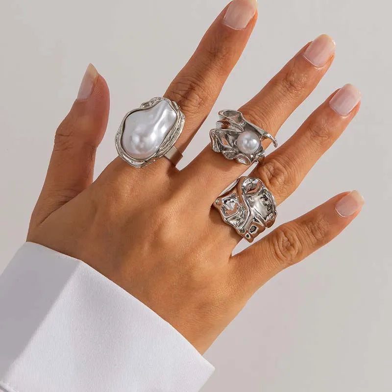 6Pcs/Set Gold Color Imitation Pearl Open Ring for Women Vintage Colorful Flower Crystal Rings Set Engagement Party Jewelry Gifts