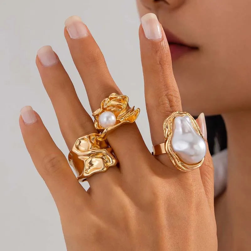 6Pcs/Set Gold Color Imitation Pearl Open Ring for Women Vintage Colorful Flower Crystal Rings Set Engagement Party Jewelry Gifts