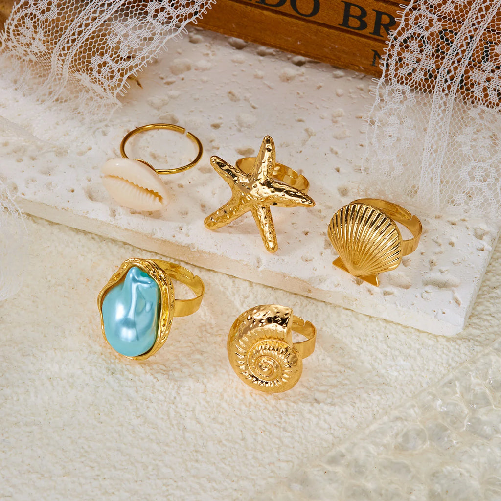 5Pcs Starfish Shell Ring Set For Women Irregular Baroque Imitation Pearl Metal Flower Stacking Finger Ring Beach Party Jewelry