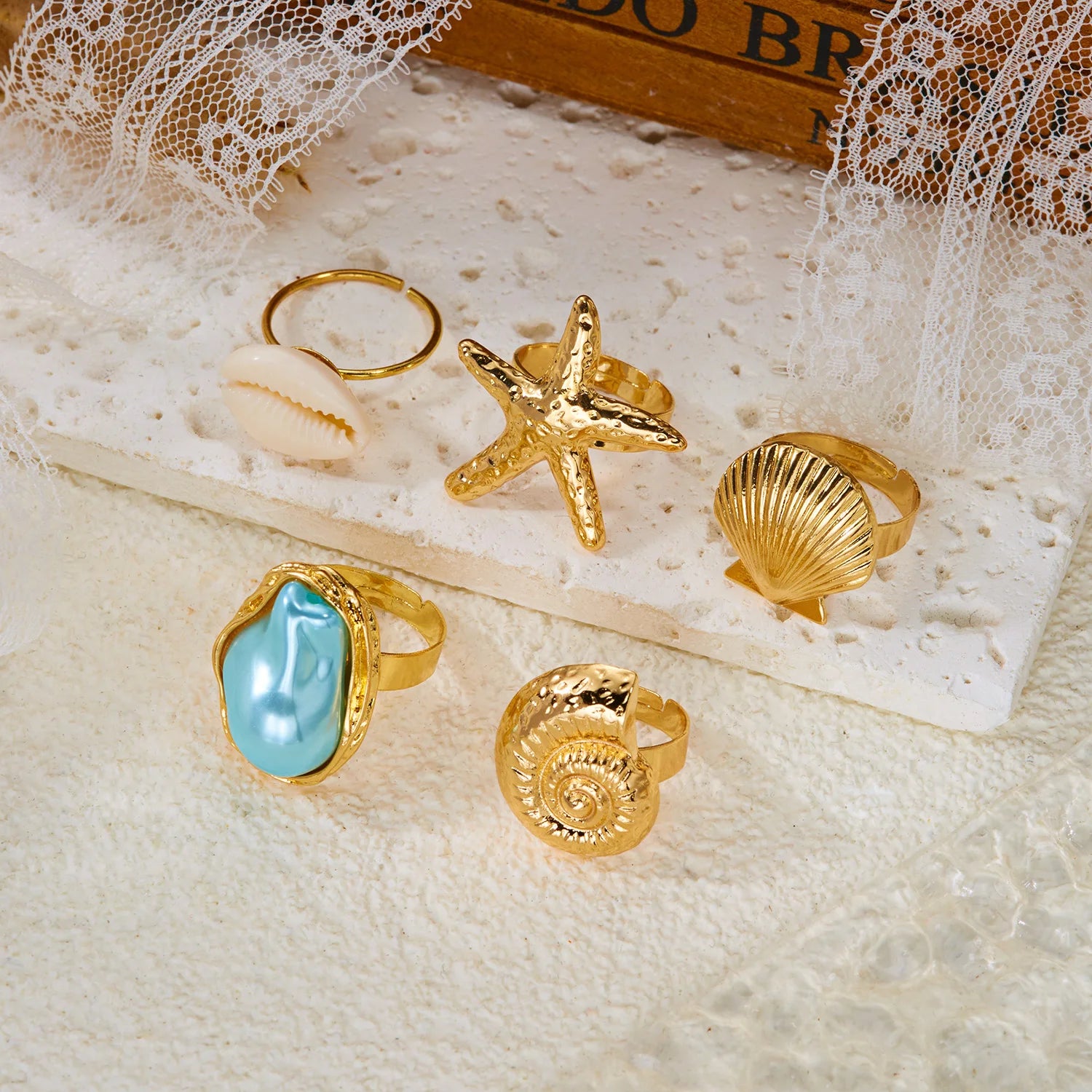 5Pcs Starfish Shell Ring Set For Women Irregular Baroque Imitation Pearl Metal Flower Stacking Finger Ring Beach Party Jewelry