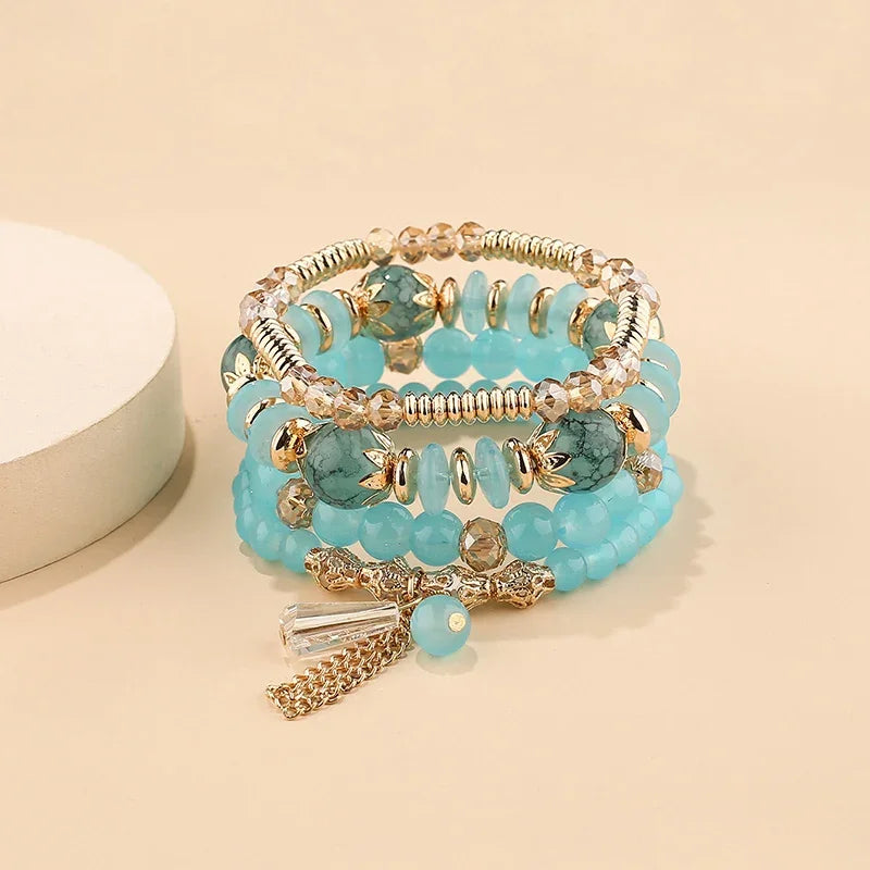 4Pcs Bohemian Stackable Beaded Bracelets Set For Women Multilayered Glass Beads Stretch Chain Charm Bracelet Men Fashion Jewelry