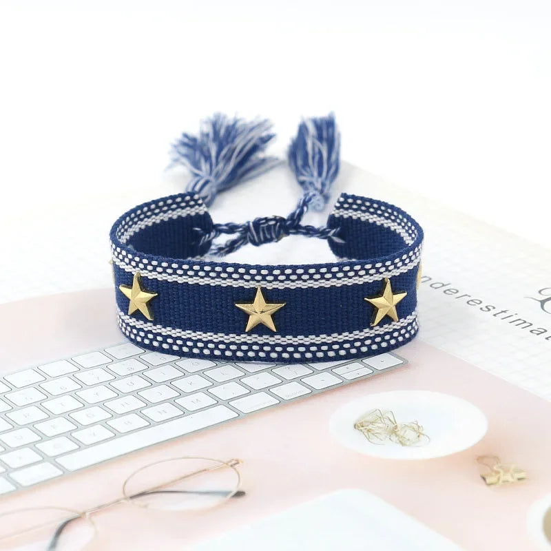 Bohemia Personality Handmade Woven Tassel Bracelet For Women Alloy Gold Color Star Rivet Wrist Starp Bracelet Fashion Jewelry