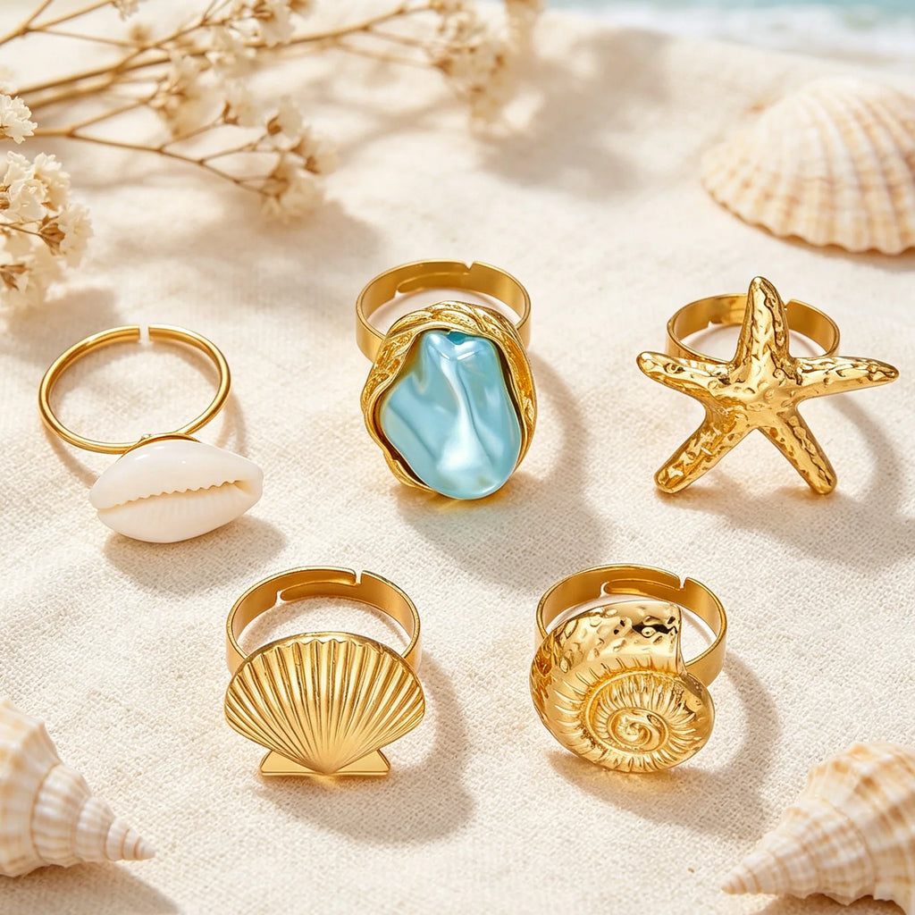 Summer Bohemian Star Shell Nautilus Ring Set Women's Layered Fashion Personality Combination Finger Ring Hand Accessory Gift