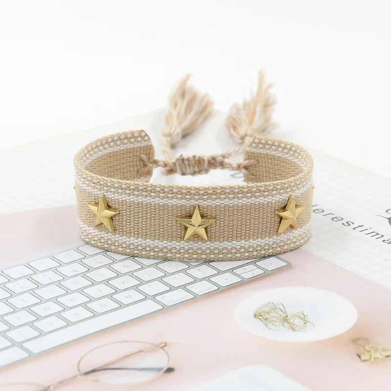 Bohemia Personality Handmade Woven Tassel Bracelet For Women Alloy Gold Color Star Rivet Wrist Starp Bracelet Fashion Jewelry