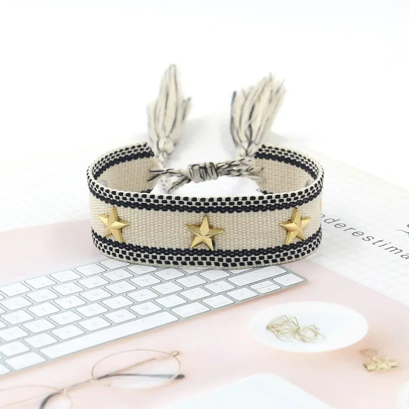 Bohemia Personality Handmade Woven Tassel Bracelet For Women Alloy Gold Color Star Rivet Wrist Starp Bracelet Fashion Jewelry