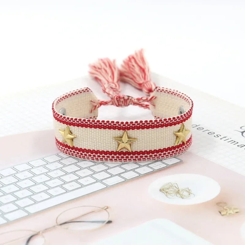 Bohemia Personality Handmade Woven Tassel Bracelet For Women Alloy Gold Color Star Rivet Wrist Starp Bracelet Fashion Jewelry