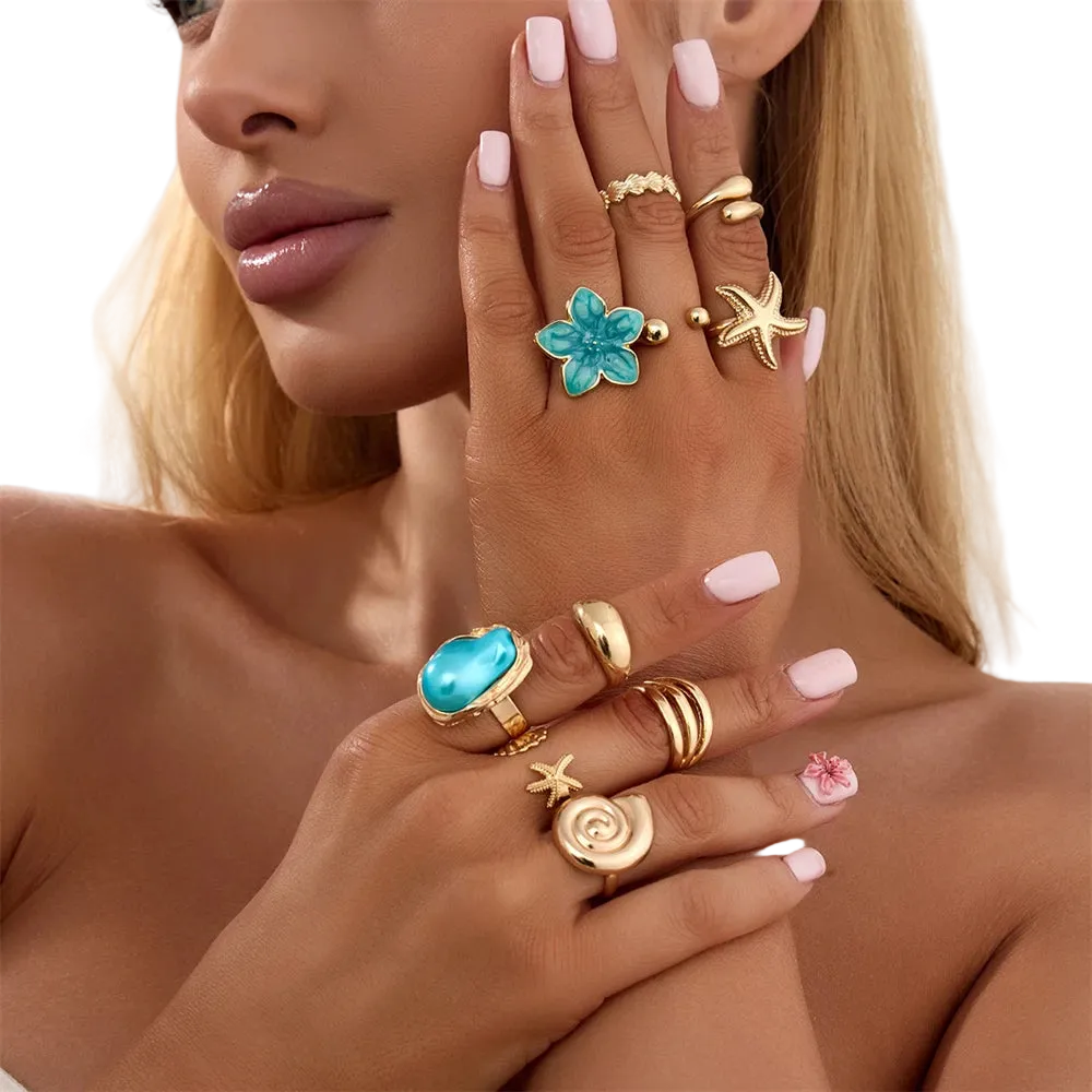 6-10Pcs/Set Beach Style Blue Flower Starfish Shell Knuckle Rings For Women Bohemia Vintage Gold Color Metal Finger Ring Jewelry