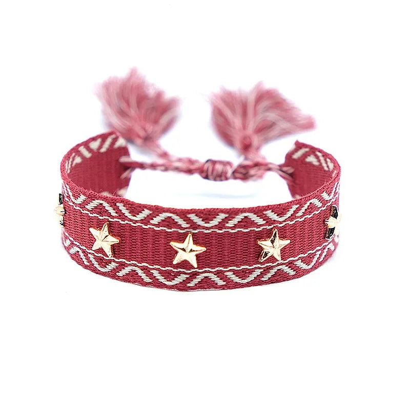 Bohemia Personality Handmade Woven Tassel Bracelet For Women Alloy Gold Color Star Rivet Wrist Starp Bracelet Fashion Jewelry