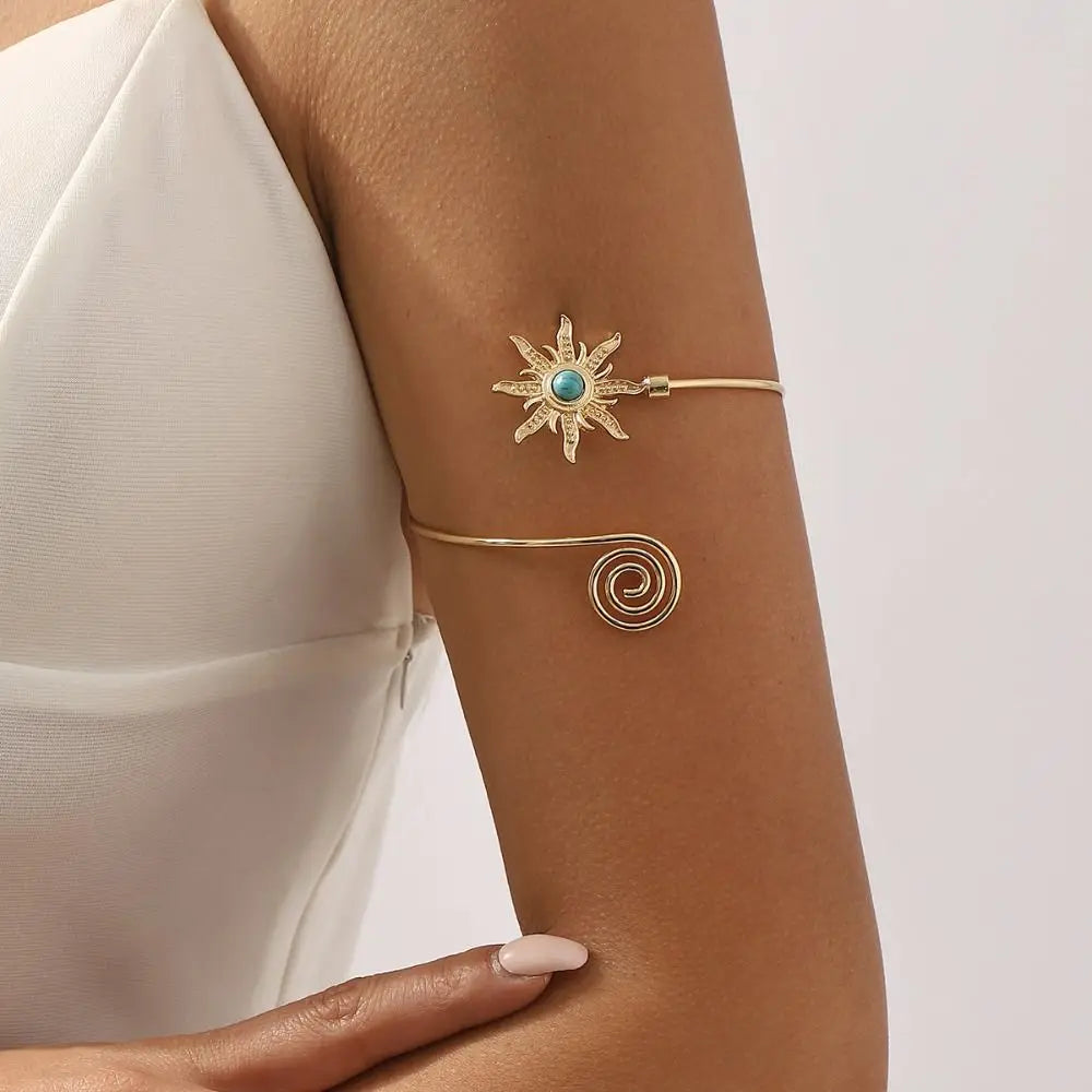 Simple Alloy Arm Cuff Sun Turquoise Cuff Bangle for Women Wrist Accessory Twist Line Wide Open Arm Cuff Women