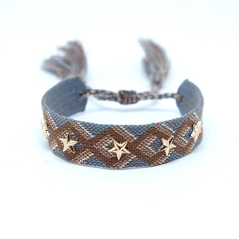 Bohemia Personality Handmade Woven Tassel Bracelet For Women Alloy Gold Color Star Rivet Wrist Starp Bracelet Fashion Jewelry