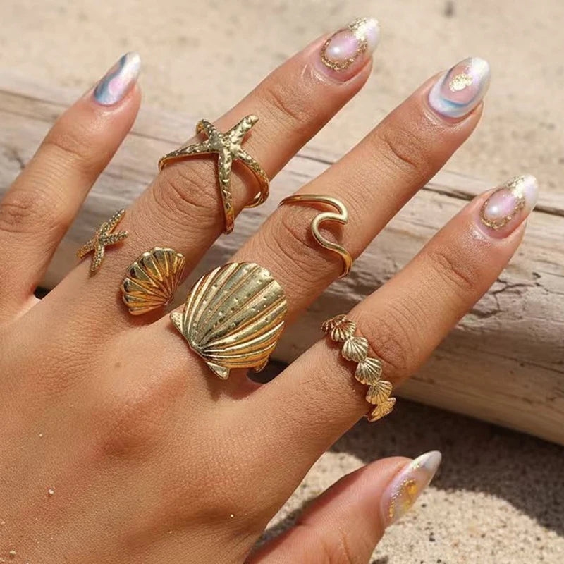 Stainless Steel Shell Starfish Open Ring Set for Women Exquisite Exaggeration 5Pcs Adjustable Rings Retro Stackable Jewelry Gift