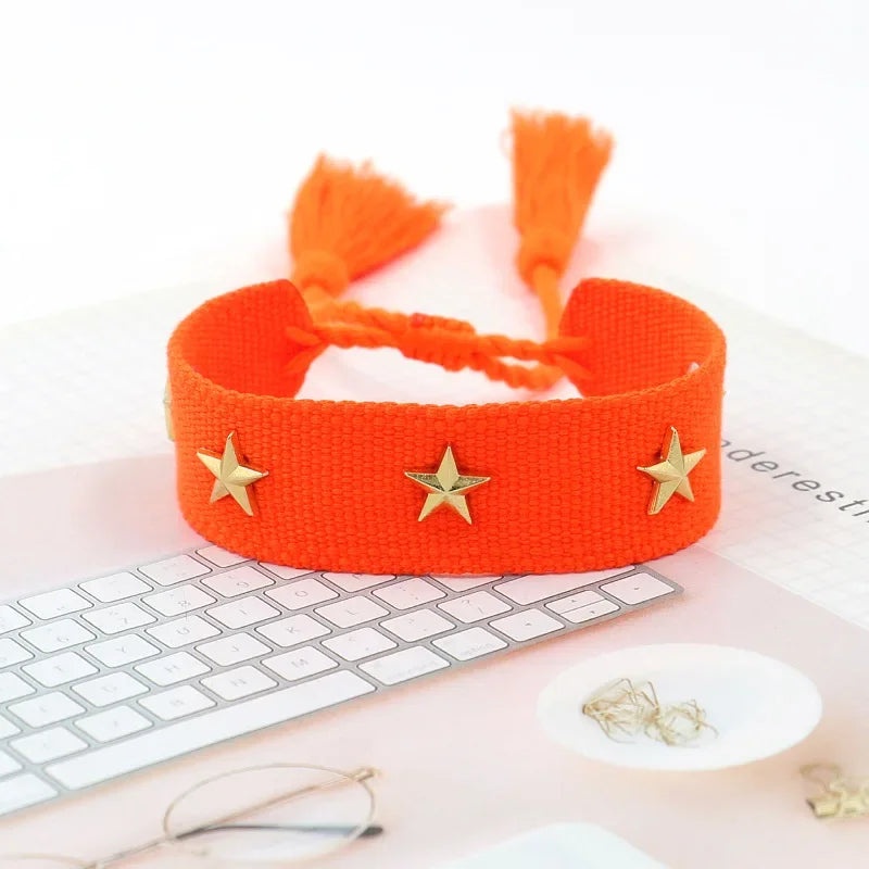 Bohemia Personality Handmade Woven Tassel Bracelet For Women Alloy Gold Color Star Rivet Wrist Starp Bracelet Fashion Jewelry