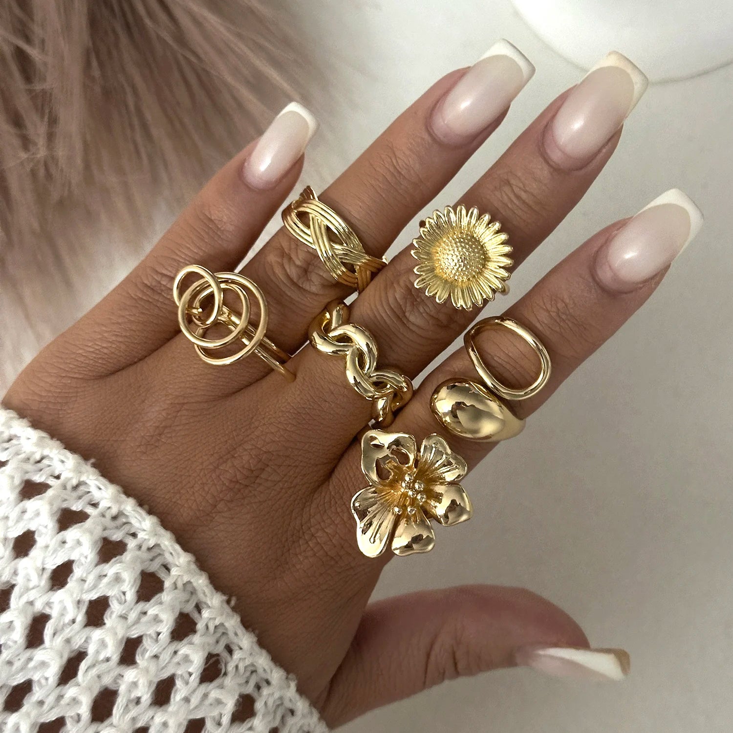 6-10Pcs/Set Beach Style Blue Flower Starfish Shell Knuckle Rings For Women Bohemia Vintage Gold Color Metal Finger Ring Jewelry