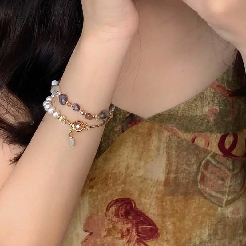 Fashion Double Layered Crystal Pearl Splicing Beaded Bracelets for Women Ethnic Crystal Beads Wrap Bracelet Bangle Jewelry Gifts