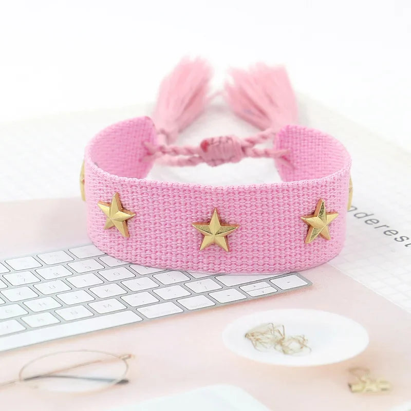 Bohemia Personality Handmade Woven Tassel Bracelet For Women Alloy Gold Color Star Rivet Wrist Starp Bracelet Fashion Jewelry