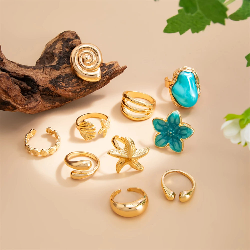 6-10Pcs/Set Beach Style Blue Flower Starfish Shell Knuckle Rings For Women Bohemia Vintage Gold Color Metal Finger Ring Jewelry
