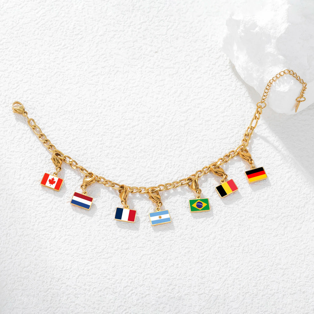 EUEAVAN 1pc Stainless Steel Country Flag Charm Bracelet with Figaro Chain Tiny Charms Hand Bracelet Travel Holiday Jewelry Gifts