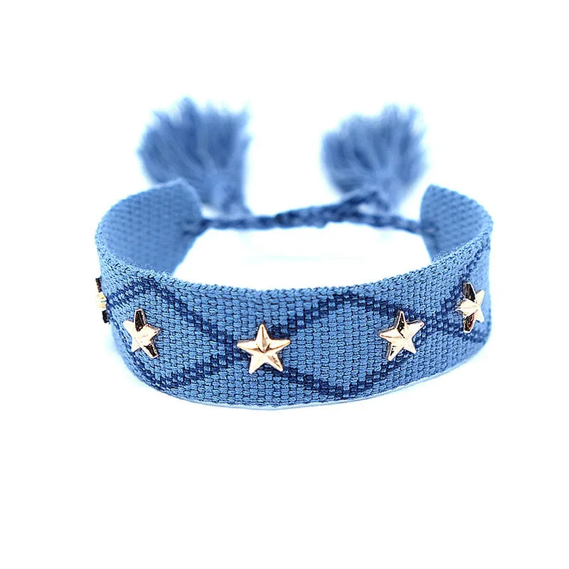 Bohemia Personality Handmade Woven Tassel Bracelet For Women Alloy Gold Color Star Rivet Wrist Starp Bracelet Fashion Jewelry