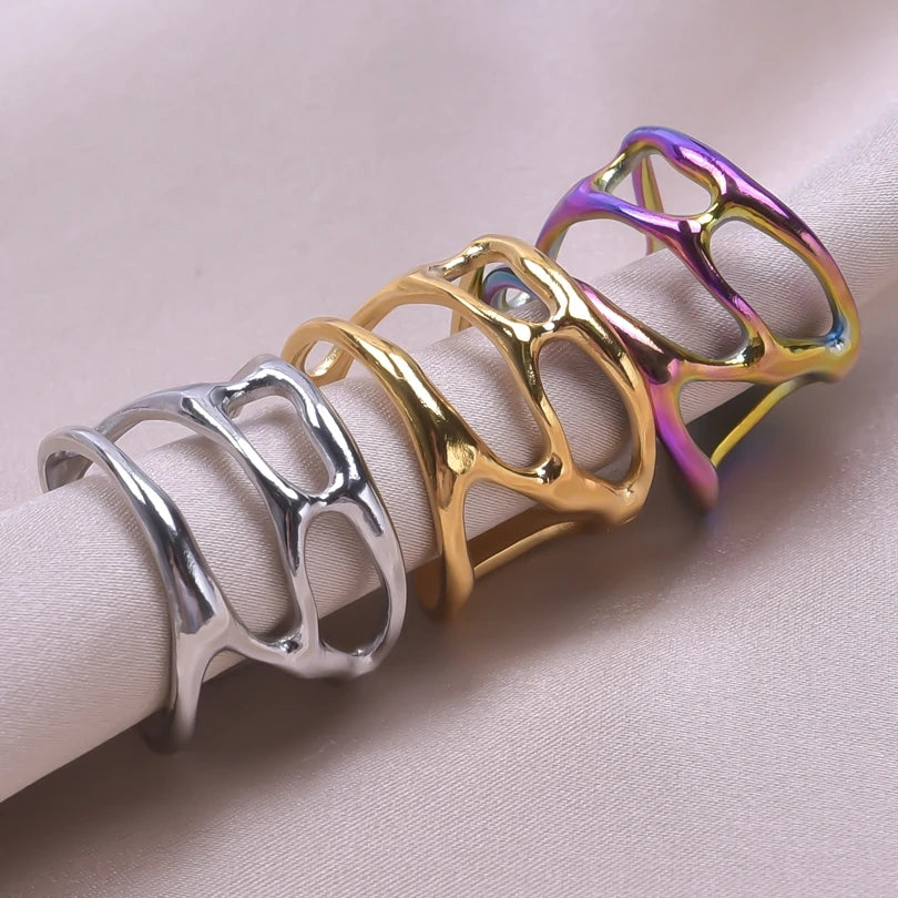 1Pc No Fade Goth Geometric Textured Chunky Heart Open Rings Punk Irregular Cabochon Conch Shell Stackable Women Anillos Jewelry