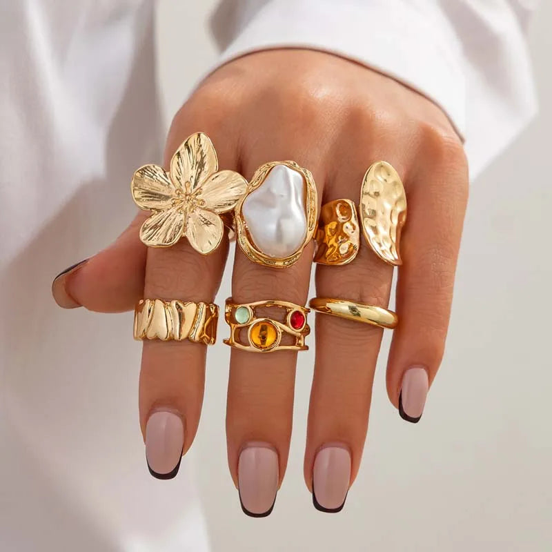 6Pcs/Set Gold Color Imitation Pearl Open Ring for Women Vintage Colorful Flower Crystal Rings Set Engagement Party Jewelry Gifts